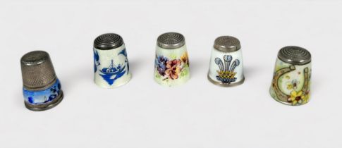 Five white-metal and enamel thimbles, marked 925.S