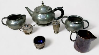 A small collection of silver, silver-plate and pewter wares, comprising, three various silver salts,
