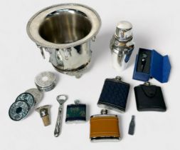 A collection of assorted silver-plated bar items including a twin-handles wine cooler with lions