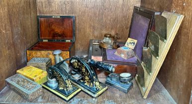A collection of assorted desk/office related items including a walnut and glass inkwell, a writing