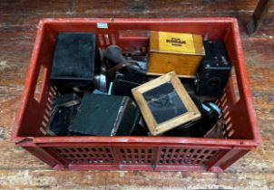 A collection of assorted vintage box cameras comprising mostly Kodak, to include, Eastman Kodak