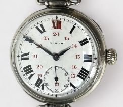 An early 20th century silver cased Zenith trench watch, the white enamel dial with Roman numerals