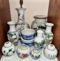 Various oriental ceramics including, a large Chinese crackle glaze vase, decorated with polychrome