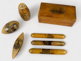 Mauchline Ware / Transfer Ware, seven items including a tatting shuttle, three needle cases, thimble