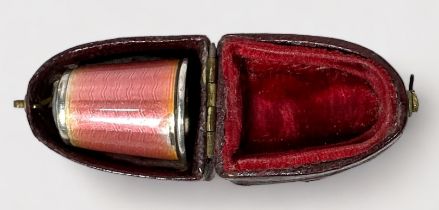 A Norwegian silver and pink guilloche enamel thimble with moonstone apex, probably by David