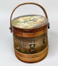 A Victorian firkin bucket, of cylindrical form with bentwood swing handle, the lid and sides painted