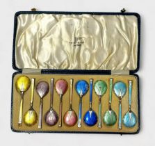 A set of 12 silver and guilloche enamel teaspoons by Walker & Hall, in six colour pairs,