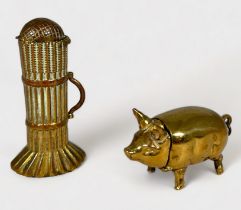 A rare 19th century novelty gilt-brass vesta/needle case in the form of a wicker-work eel trap, with