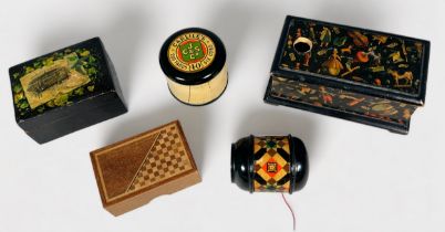 Four Vintage Sewing Cotton Reel Boxes, comprising a Mauchline Ware box with Winchester Cathedral