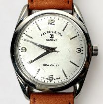 A gents vintage stainless steel Favre-Leuba Sea Chief manual wind wristwatch, the white enamel