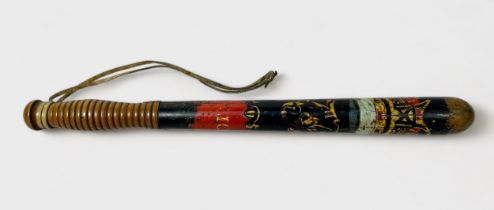 A Victorian painted wooden Police Truncheon, with readed handle, VR monogram, 44cm long. (some