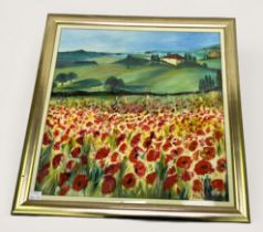 Phyllis Mulligan (Scottish Contemporary), depicting a poppy field in bloom with country landscape