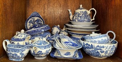 A collection of assorted blue and white tea and dinner wares, comprising, Spode, Willow, Allerton,