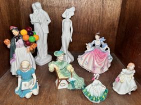 Eight various Royal Doulton figurines including 2x 'Images,' 'Biddy Penny Farthing,' 'Alice,'