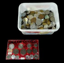 A tub containing hundreds of old coins, nearly all foreign, though a few imperial GB noted.