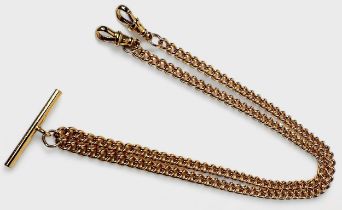 A 9ct gold double Albert chain with dog clips and t-bar, 51cm end to end, gross weight approximately