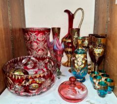 A Murano enamelled and gilt blue glass liquer set and various Murano ruby glass, together with two