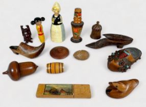 Varioius vintage wooden and painted wooden sewing notions including a late Victorian carved