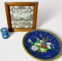 A Chinese cloisonné enamel comport or dish, decorated with polychrome flowers in a basket to dark