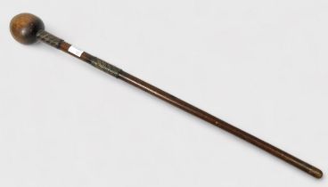 An early 20th Century Zulu Knobkerrie, hardwood with nail to bulbous end and two sections of bi-