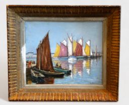 Jean Hippolyte Marchand (French 1883-1940), Figuers and gaff-rigged sailing boats in harbour, signed