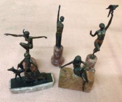 Five Baranite 'Pure Bronze' Sculptures, each cast, patinated and painted in the Art Deco 'style, and