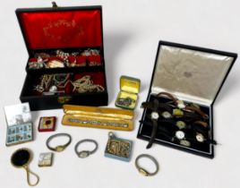 A box of costume jewllery including a Ciro diamante bracelet in original box, ladies silver charm