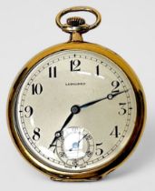 A 9ct gold cased open-face pocket watch by Longines, the silvered dial with Arabic numerals denoting