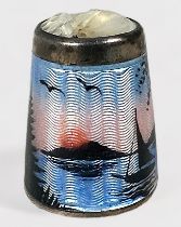 A Norwegian Enamelled thimble by David Anderson, the body with a landscape/seascape at dusk with