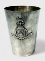 A silver-plated beaker by Elkington & Co. With relief mounted crest for Kings College London,