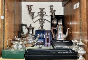 A Regency style four-piece silver-plated tea and coffee set, a five-light candelabrum, coffee pot,