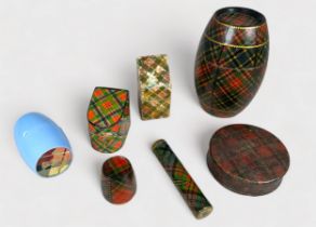 Five Tartan Ware sewing accessories including a Barrel 'string box,' a 'Knife Box' needle case, '