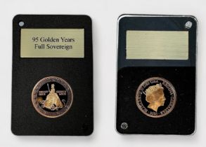 A QEII Ltd Edition Gold Svereign, 95 Golden Years, 22ct, 7.98g, issued Gibraltar, proof Struck,