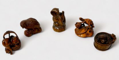 Five various Japanese carved and stained boxwood Netsuke, signed, including Cobra, two kittens in