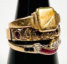 A 9ct gold signet ring, together with two various dress rings, both set with red and white stones,