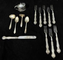 A set of eight silver-handled dessert forks and one knife, together with an infant's silver spoon