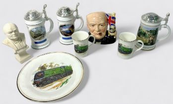 A collection of Davenport Pottery Railway ceramics, including steins, cups and plates, together with