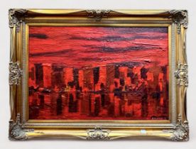 20th century abstract impasto oil landscape in shades of red, signed R Plumley, possibly Richard