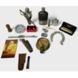 A mixed lot of collectables, comprising, a leather bound and glass bottle hunting hip flask by