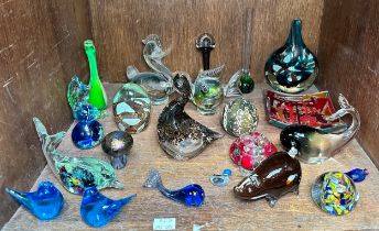 A collection of coloured glass paperweights, figures and vases, including IOW, Wedgwood etc (Section