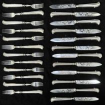 A Victorian Silver dessert set of 12-each knives and forks, with silver blades and handles, the