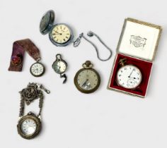 A small collection of pocket and fob watches, comprising a gold-plated open face example, with white