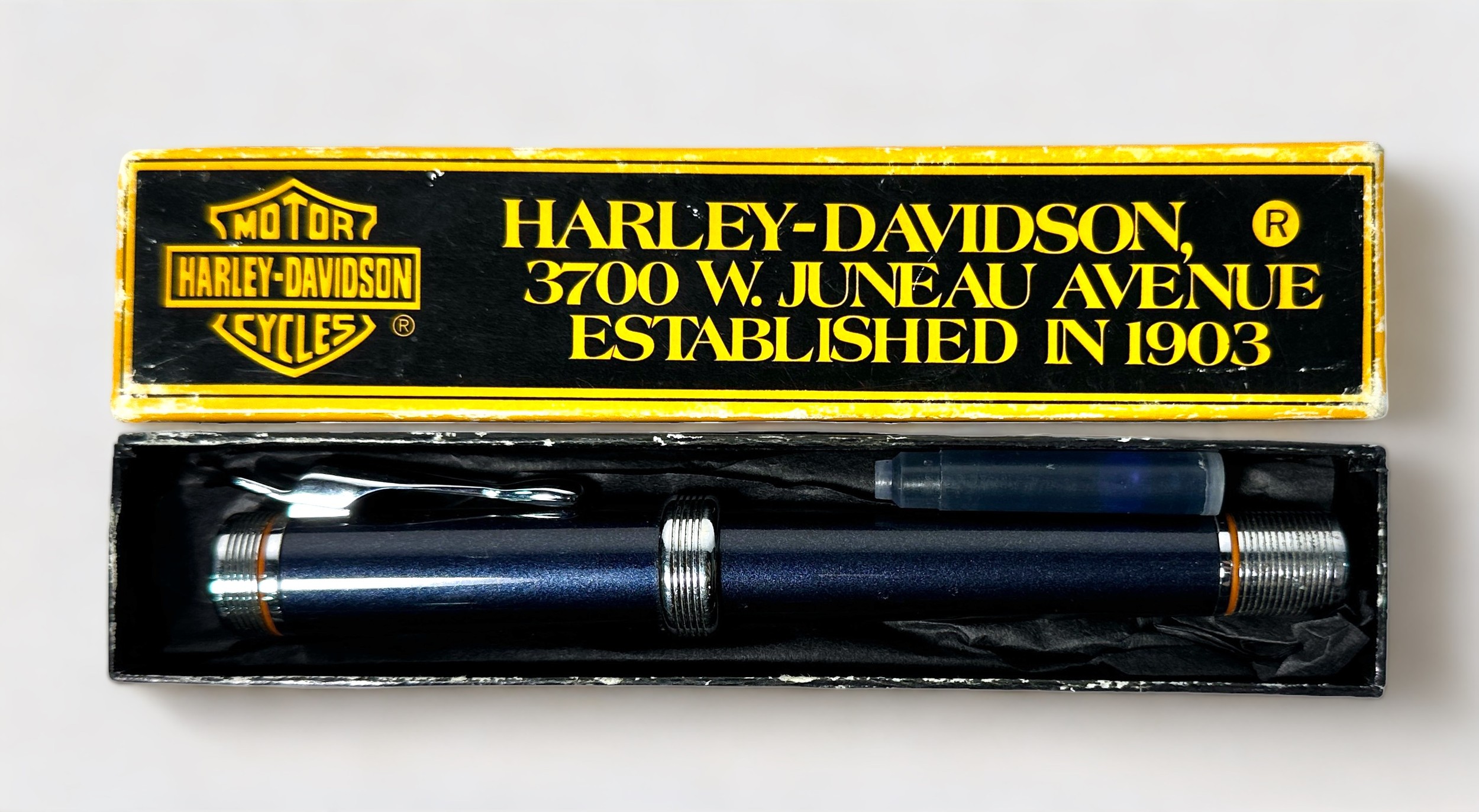 A Harley-Davidson fountain pen with branded nib, housed in original box with replacement ink