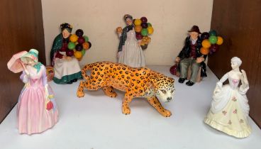 A Beswick figure of a Leopard, together with four various Royal Doulton character figures, including