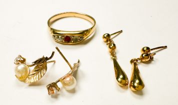 An 18ct yellow gold dress ring, (stones missing), weighs 2.7 grams, together with two pairs of 9ct