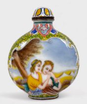 A 19th century Canton enamel on copper large snuff bottle, of flattened circular form, decorated