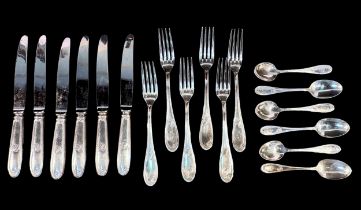 A continental silver-plated part cutlery set by ERCUIS of 6-each knives, forks and teaspoons,