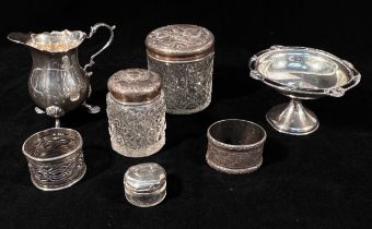 A collection of assorted silver comprising, a silver tazza with applied Art Nouveau-style scrolled