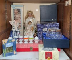 A collection of assorted ceramics and glass, including porcelain marionette dolls and together