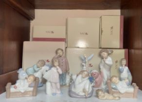 Nine various NAO sleepy or sleeping porcelain figures, five boxed, including ‘Dreaming of Tinker